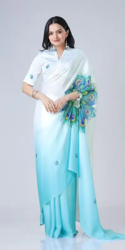 Blue And White Japan Satin Digital Print Work Saree | Sarees, Bollywood Sarees, Creative Sarees, Designer Sarees, Embroidered Sarees, Ethnic Saree, Modern Digital sarees, Party Wear Sarees