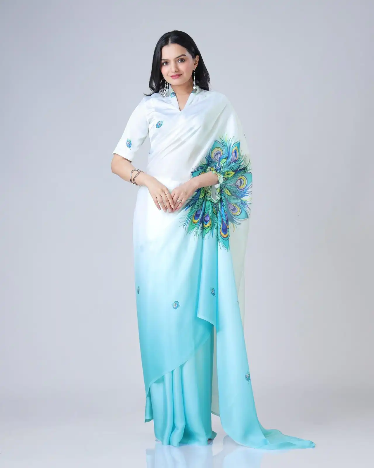 Blue And White Japan Satin Digital Print Work Saree | Sarees, Bollywood Sarees, Creative Sarees, Designer Sarees, Embroidered Sarees, Ethnic Saree, Modern Digital sarees, Party Wear Sarees