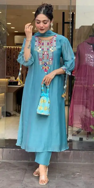 Blue Chanderi Silk With Mirror Work Embroidery Salwar Suit | Jump Suits, Salwar suit, Casual Suits, Creative suits, Designer Suits, Palazzo Suits, Party Wear Suits, Patiala Suits, Straight Suits