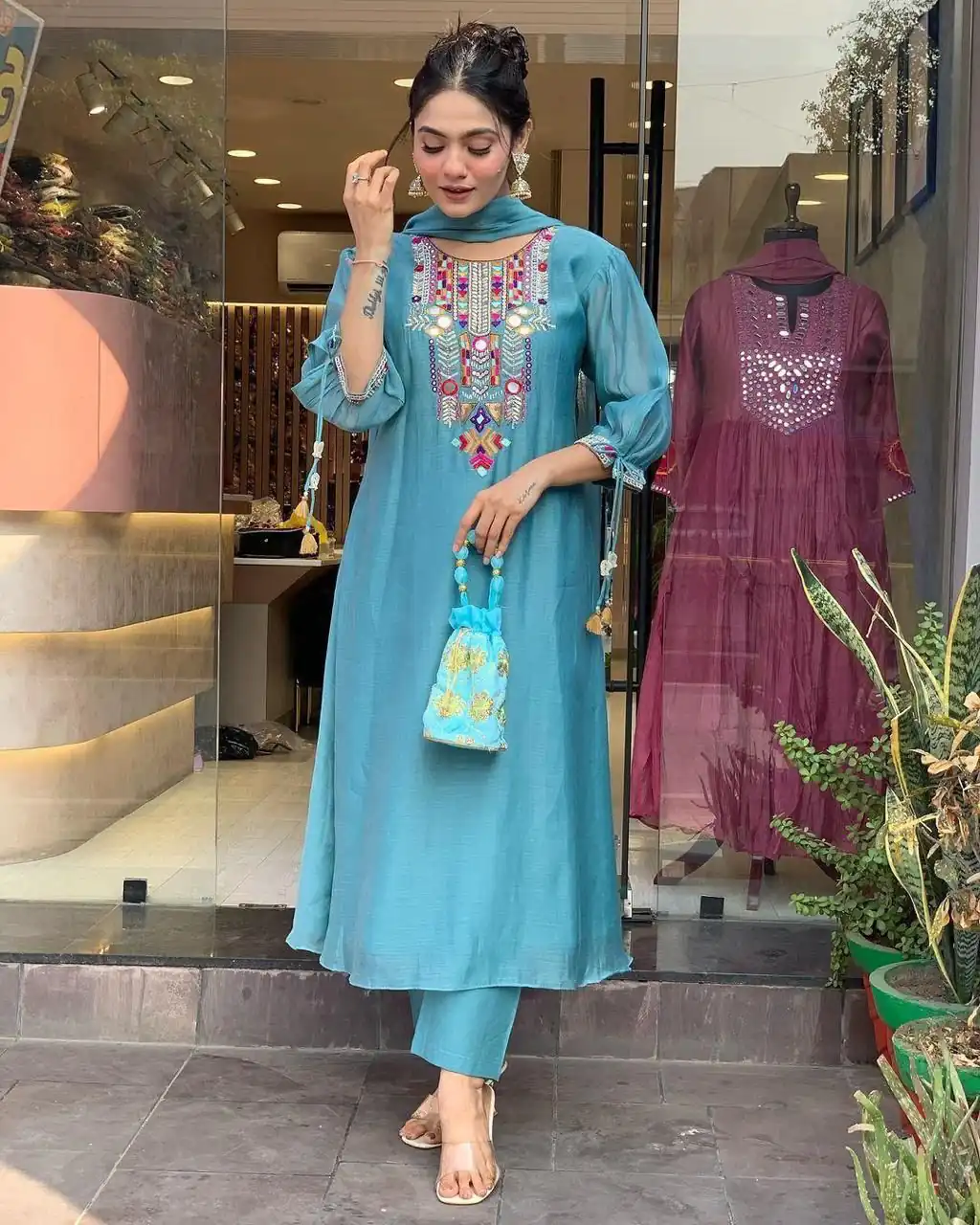 Blue Chanderi Silk With Mirror Work Embroidery Salwar Suit | Jump Suits, Salwar suit, Casual Suits, Creative suits, Designer Suits, Palazzo Suits, Party Wear Suits, Patiala Suits, Straight Suits