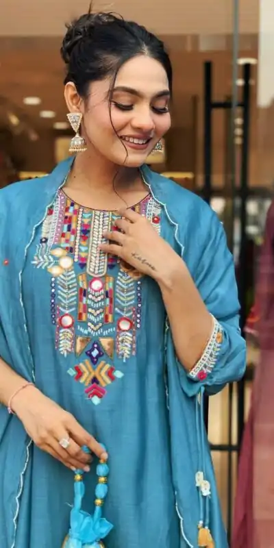 Blue Chanderi Silk With Mirror Work Embroidery Salwar Suit | Jump Suits, Salwar suit, Casual Suits, Creative suits, Designer Suits, Palazzo Suits, Party Wear Suits, Patiala Suits, Straight Suits
