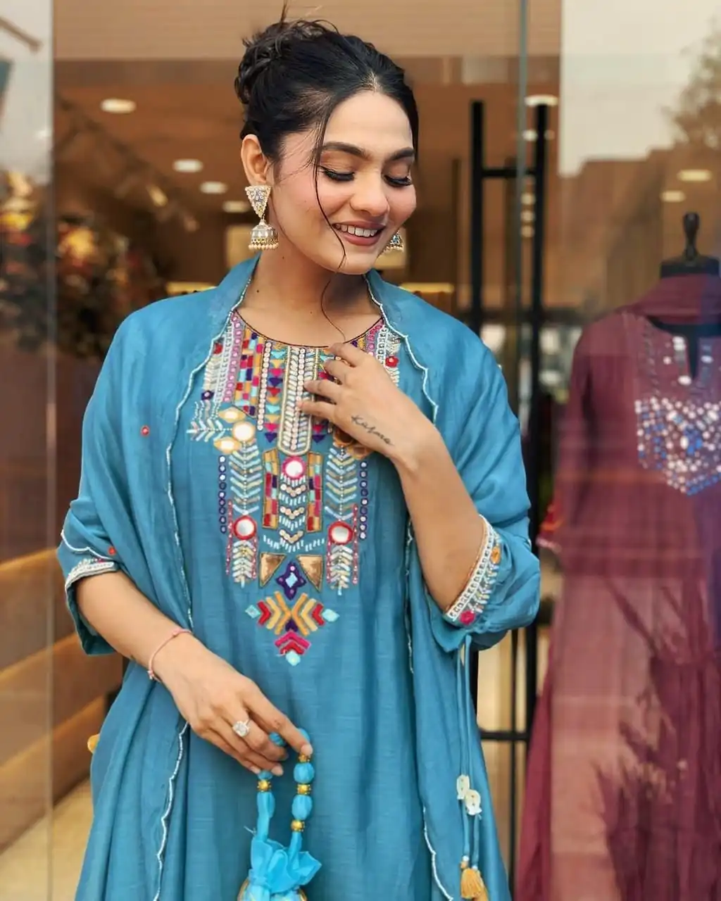 Blue Chanderi Silk With Mirror Work Embroidery Salwar Suit | Jump Suits, Salwar suit, Casual Suits, Creative suits, Designer Suits, Palazzo Suits, Party Wear Suits, Patiala Suits, Straight Suits