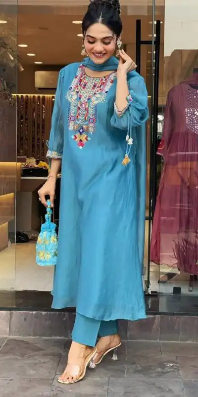 Blue Chanderi Silk With Mirror Work Embroidery Salwar Suit | Jump Suits, Salwar suit, Casual Suits, Creative suits, Designer Suits, Palazzo Suits, Party Wear Suits, Patiala Suits, Straight Suits