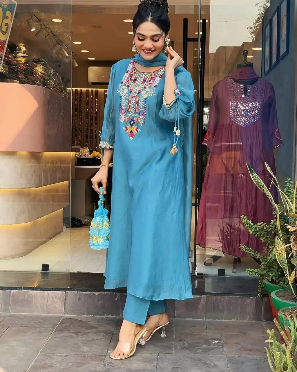 Blue Chanderi Silk With Mirror Work Embroidery Salwar Suit | Jump Suits, Salwar suit, Casual Suits, Creative suits, Designer Suits, Palazzo Suits, Party Wear Suits, Patiala Suits, Straight Suits