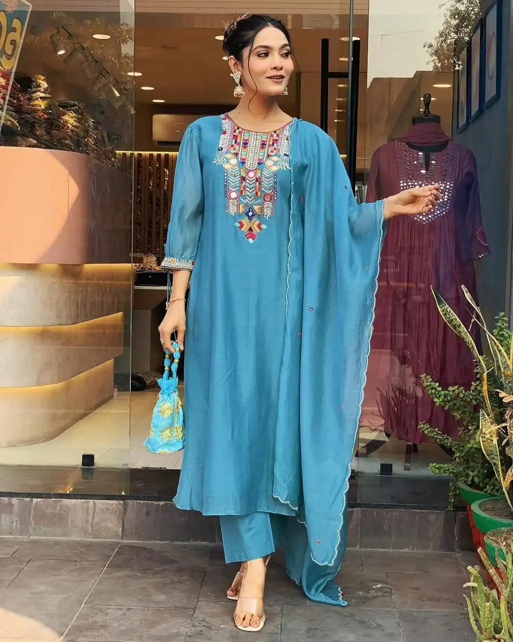 Blue Chanderi Silk With Mirror Work Embroidery Salwar Suit | Jump Suits, Salwar suit, Casual Suits, Creative suits, Designer Suits, Palazzo Suits, Party Wear Suits, Patiala Suits, Straight Suits