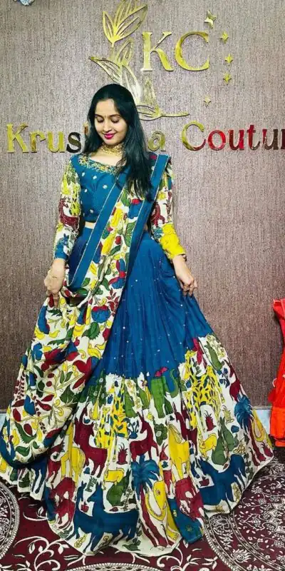 Blue Chent Crep Kalamkari Print Lehenga Choli | Jump Suits, Salwar suit, Casual Suits, Creative suits, Designer Suits, Palazzo Suits, Party Wear Suits, Patiala Suits, Straight Suits