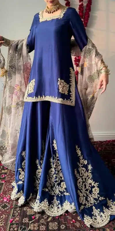 Blue Chinnon Silk With Embroidery Work Sharara Suit | Jump Suits, Salwar suit, Casual Suits, Creative suits, Designer Suits, Palazzo Suits, Party Wear Suits, Patiala Suits, Straight Suits
