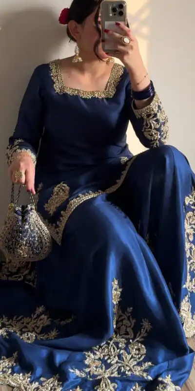 Blue Chinnon Silk With Embroidery Work Sharara Suit | Jump Suits, Salwar suit, Casual Suits, Creative suits, Designer Suits, Palazzo Suits, Party Wear Suits, Patiala Suits, Straight Suits