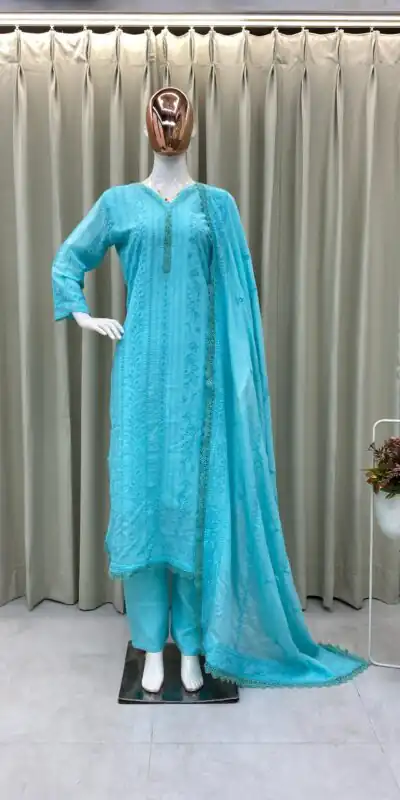 Blue Chinon Cotton Thread Embroidery Work Salwar Suit | Jump Suits, Salwar suit, Casual Suits, Creative suits, Designer Suits, Palazzo Suits, Party Wear Suits, Patiala Suits, Straight Suits