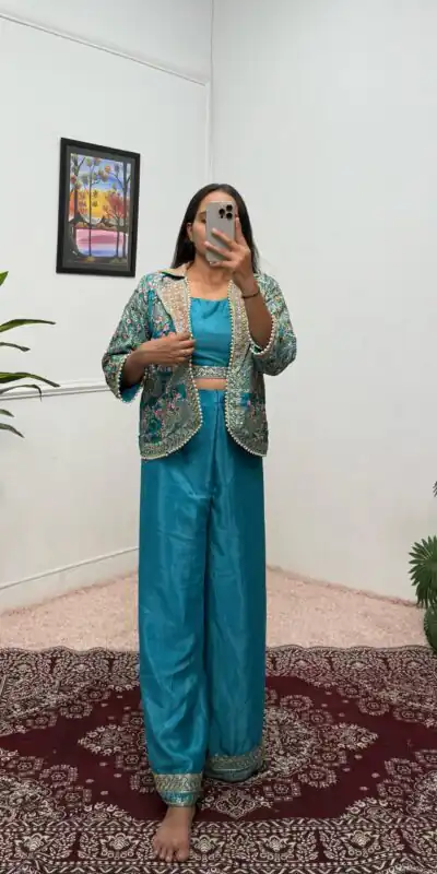 Blue Chinon Embroidery With Moti Lace Salwar Suit | Jump Suits, Salwar suit, Casual Suits, Creative suits, Designer Suits, Palazzo Suits, Party Wear Suits, Patiala Suits, Straight Suits