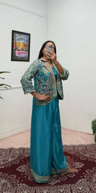 Blue Chinon Embroidery With Moti Lace Salwar Suit | Jump Suits, Salwar suit, Casual Suits, Creative suits, Designer Suits, Palazzo Suits, Party Wear Suits, Patiala Suits, Straight Suits