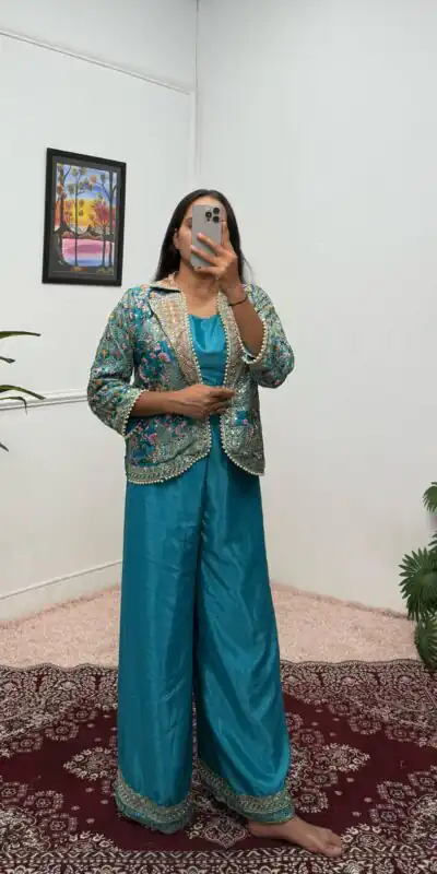 Blue Chinon Embroidery With Moti Lace Salwar Suit | Jump Suits, Salwar suit, Casual Suits, Creative suits, Designer Suits, Palazzo Suits, Party Wear Suits, Patiala Suits, Straight Suits