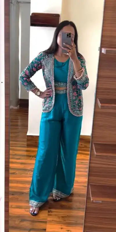 Blue Chinon Embroidery With Moti Lace Salwar Suit | Jump Suits, Salwar suit, Casual Suits, Creative suits, Designer Suits, Palazzo Suits, Party Wear Suits, Patiala Suits, Straight Suits