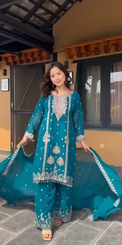 Blue Chinon Embroidery Work Moti Lace Salwar Suit | Jump Suits, Salwar suit, Casual Suits, Creative suits, Designer Suits, Palazzo Suits, Party Wear Suits, Patiala Suits, Straight Suits