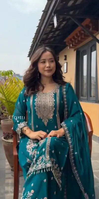 Blue Chinon Embroidery Work Moti Lace Salwar Suit | Jump Suits, Salwar suit, Casual Suits, Creative suits, Designer Suits, Palazzo Suits, Party Wear Suits, Patiala Suits, Straight Suits