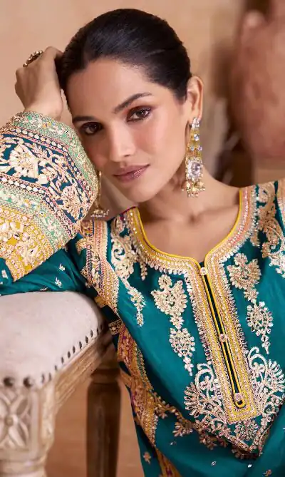 Blue Chinon Embroidery Work Salwar Suit | Jump Suits, Salwar suit, Casual Suits, Creative suits, Designer Suits, Palazzo Suits, Party Wear Suits, Patiala Suits, Straight Suits