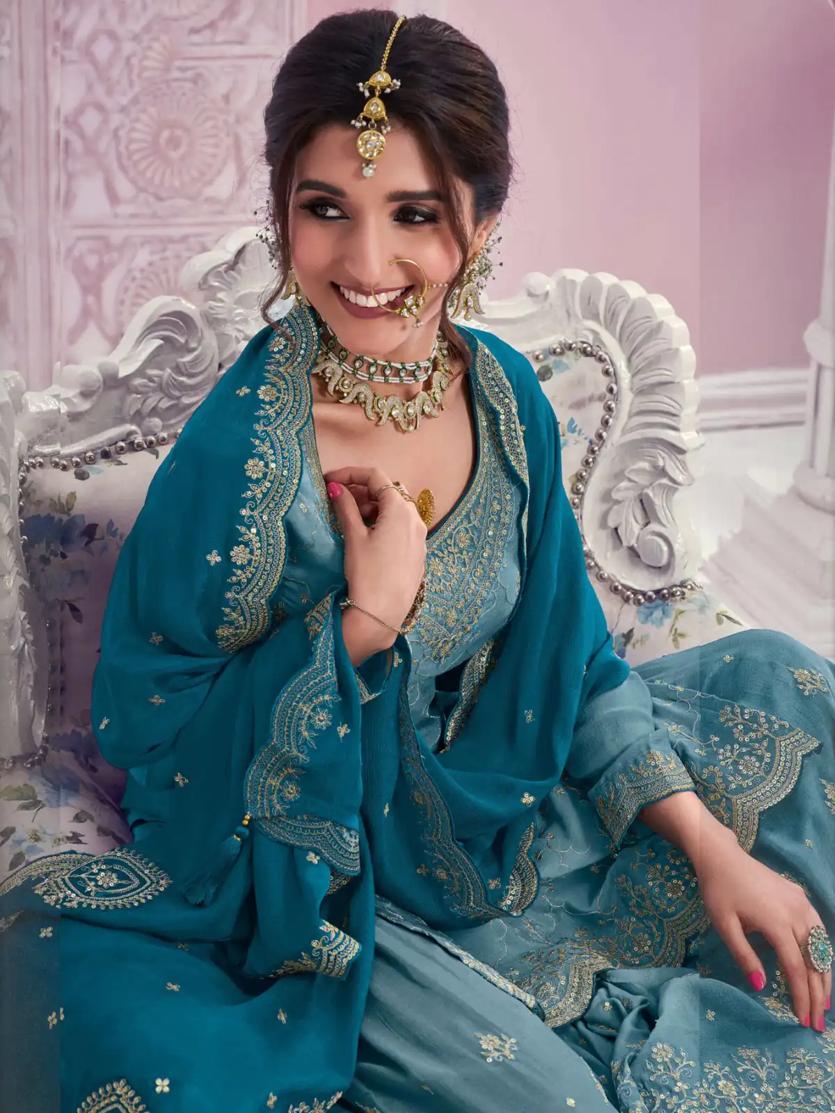 Blue Chinon Multi Coding Work Salwar Suit | Jump Suits, Salwar suit, Casual Suits, Creative suits, Designer Suits, Palazzo Suits, Party Wear Suits, Patiala Suits, Straight Suits