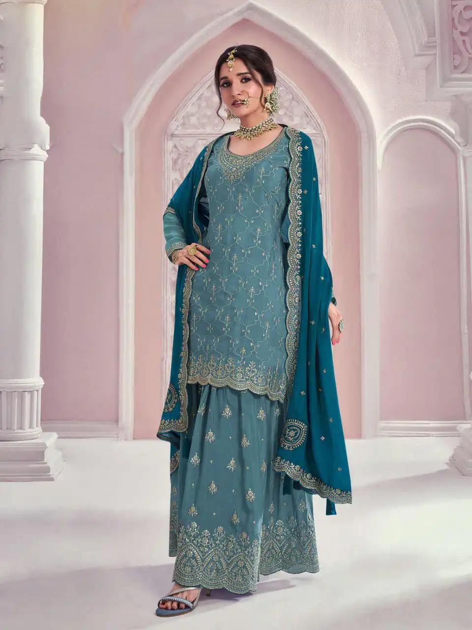 Blue Chinon Multi Coding Work Salwar Suit | Jump Suits, Salwar suit, Casual Suits, Creative suits, Designer Suits, Palazzo Suits, Party Wear Suits, Patiala Suits, Straight Suits