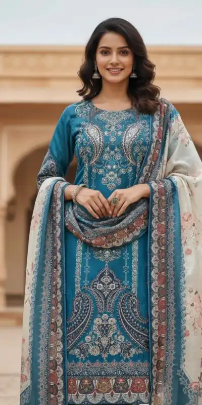Blue Chinon Printed With Miror Work Salwar Suit | Jump Suits, Salwar suit, Casual Suits, Creative suits, Designer Suits, Palazzo Suits, Party Wear Suits, Patiala Suits, Straight Suits