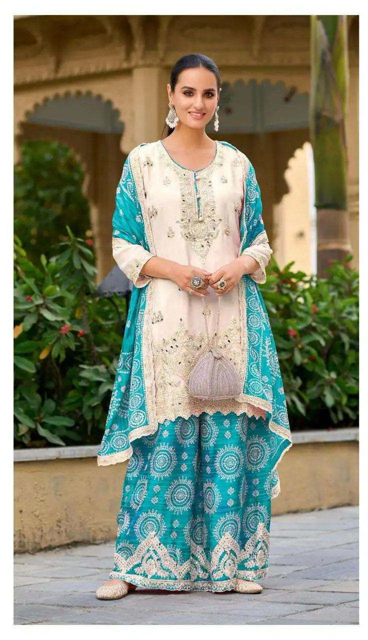 Blue Chinon Sequence Mirror Hand Work Salwar Suit | Jump Suits, Salwar suit, Casual Suits, Creative suits, Designer Suits, Palazzo Suits, Party Wear Suits, Patiala Suits, Straight Suits