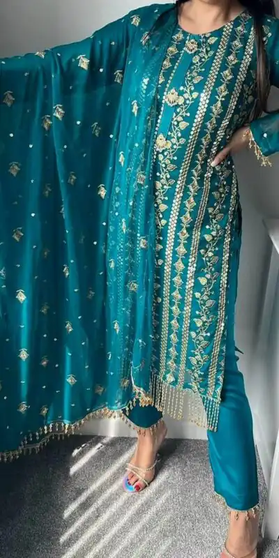 Blue Chinon Silk With Embroidery Work Salwar Suit | Jump Suits, Salwar suit, Casual Suits, Creative suits, Designer Suits, Palazzo Suits, Party Wear Suits, Patiala Suits, Straight Suits
