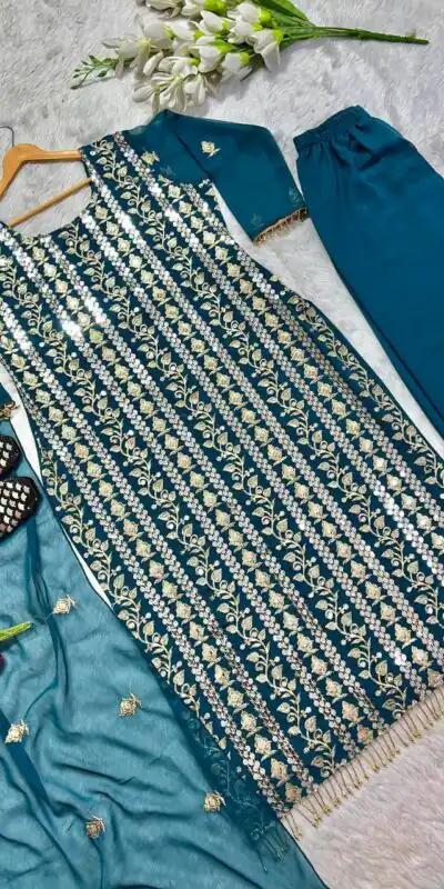 Blue Chinon Silk With Embroidery Work Salwar Suit | Jump Suits, Salwar suit, Casual Suits, Creative suits, Designer Suits, Palazzo Suits, Party Wear Suits, Patiala Suits, Straight Suits