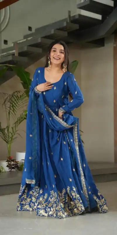 Blue Chinon Zari Embroidery Work Gown | Gowns, Bollywood Gowns, Creative Gowns, Designer Gowns, Embroidered Gowns, Party Wear Gowns