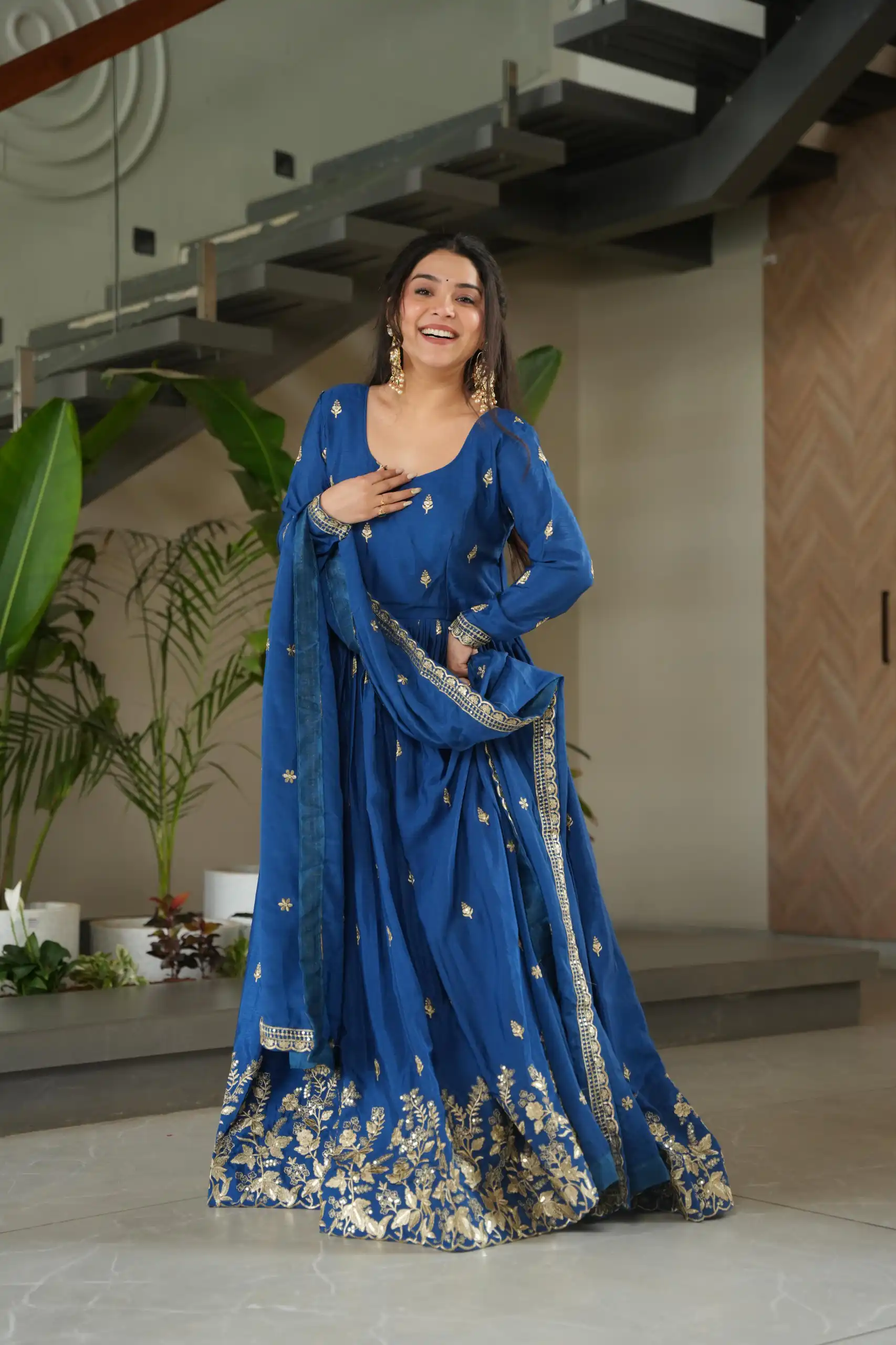 Blue Chinon Zari Embroidery Work Gown | Gowns, Bollywood Gowns, Creative Gowns, Designer Gowns, Embroidered Gowns, Party Wear Gowns
