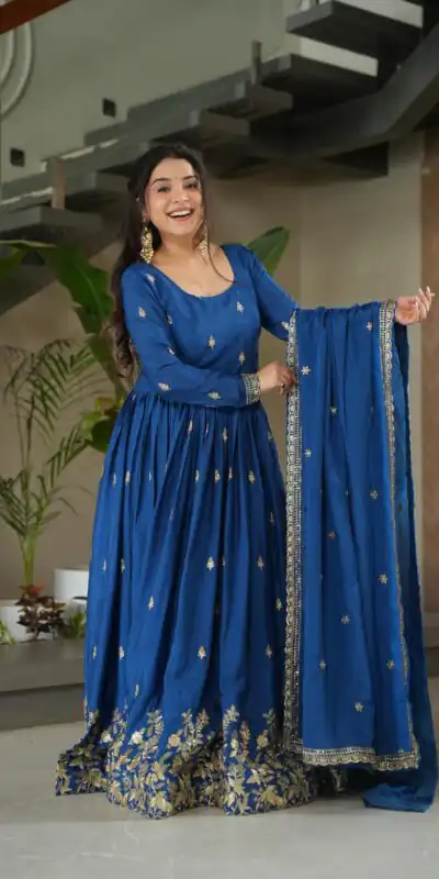Blue Chinon Zari Embroidery Work Gown | Gowns, Bollywood Gowns, Creative Gowns, Designer Gowns, Embroidered Gowns, Party Wear Gowns
