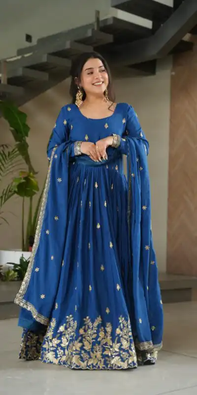 Blue Chinon Zari Embroidery Work Gown | Gowns, Bollywood Gowns, Creative Gowns, Designer Gowns, Embroidered Gowns, Party Wear Gowns
