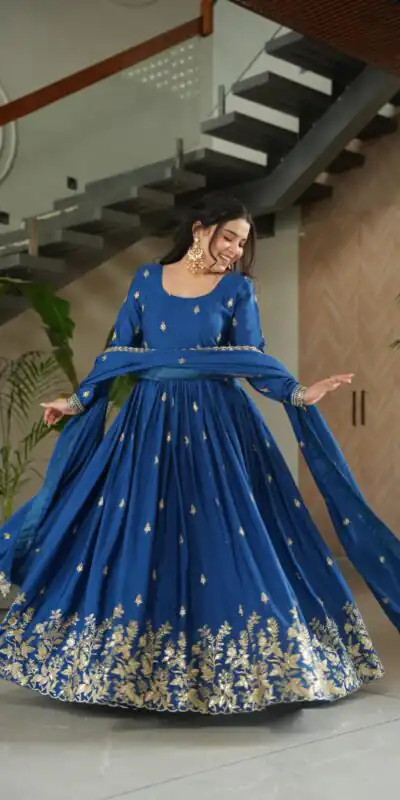 Blue Chinon Zari Embroidery Work Gown | Gowns, Bollywood Gowns, Creative Gowns, Designer Gowns, Embroidered Gowns, Party Wear Gowns