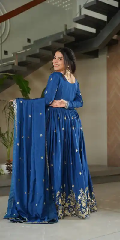 Blue Chinon Zari Embroidery Work Gown | Gowns, Bollywood Gowns, Creative Gowns, Designer Gowns, Embroidered Gowns, Party Wear Gowns