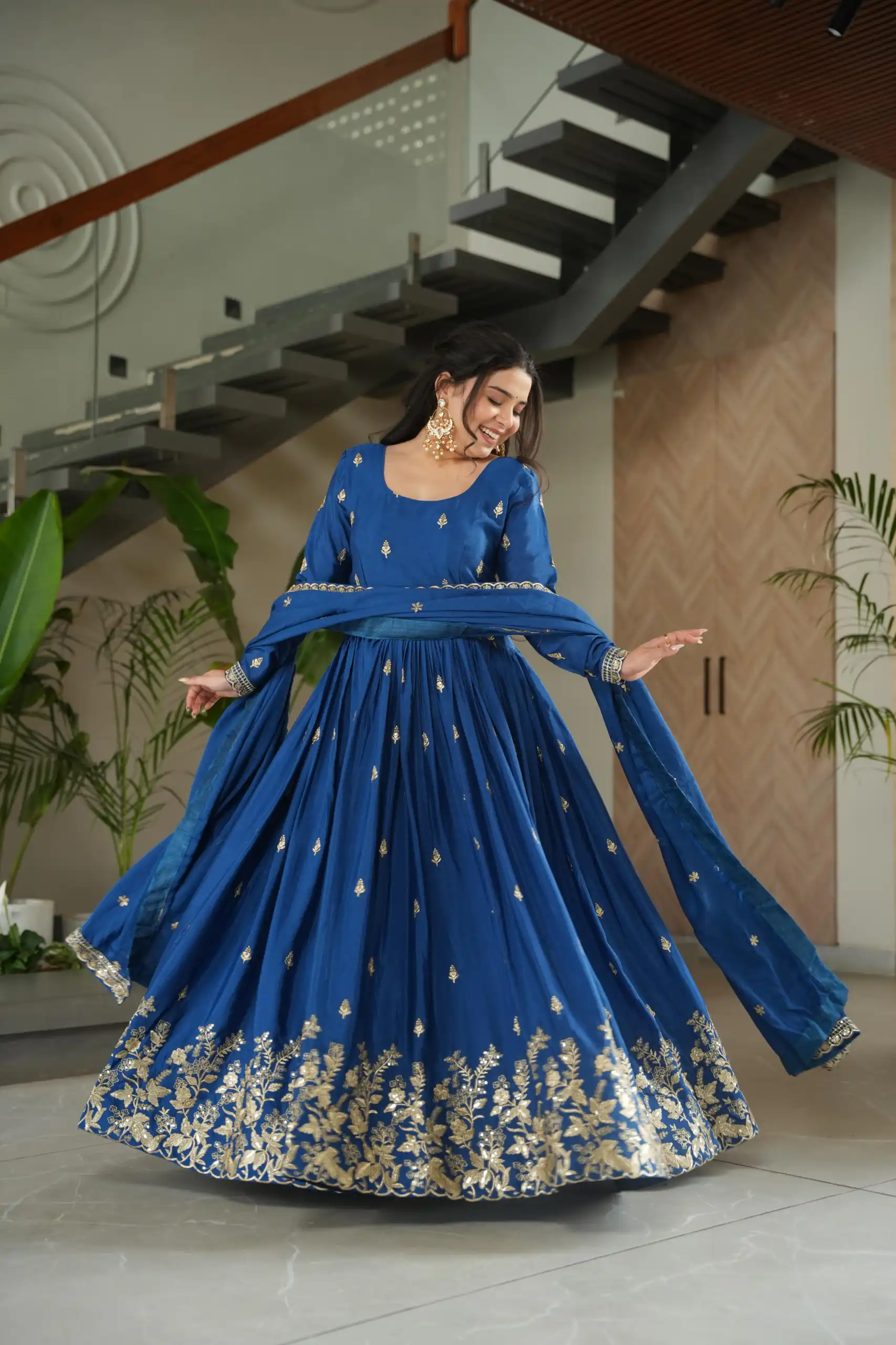 Blue Chinon Zari Embroidery Work Gown | Gowns, Bollywood Gowns, Creative Gowns, Designer Gowns, Embroidered Gowns, Party Wear Gowns
