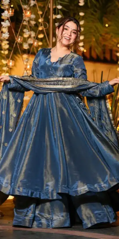 Blue Cosmos Silk Lace Embroidery Work Gown | Gowns, Bollywood Gowns, Creative Gowns, Designer Gowns, Embroidered Gowns, Party Wear Gowns