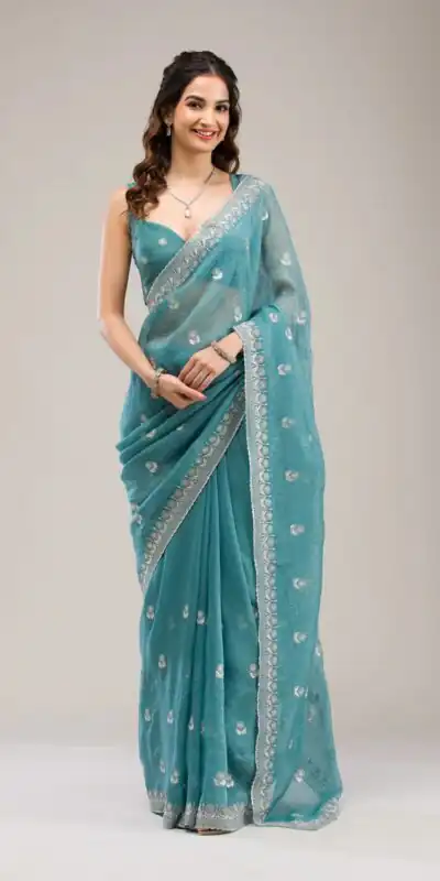 Blue Crunchy Ciffon Embroidery Zari Work Saree | Sarees, Bollywood Sarees, Creative Sarees, Designer Sarees, Embroidered Sarees, Ethnic Saree, Modern Digital sarees, Party Wear Sarees