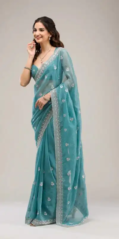 Blue Crunchy Ciffon Embroidery Zari Work Saree | Sarees, Bollywood Sarees, Creative Sarees, Designer Sarees, Embroidered Sarees, Ethnic Saree, Modern Digital sarees, Party Wear Sarees