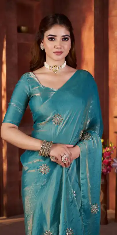 Blue Fandy Satin Silk Bead Work Saree | Sarees, Bollywood Sarees, Creative Sarees, Designer Sarees, Embroidered Sarees, Ethnic Saree, Modern Digital sarees, Party Wear Sarees