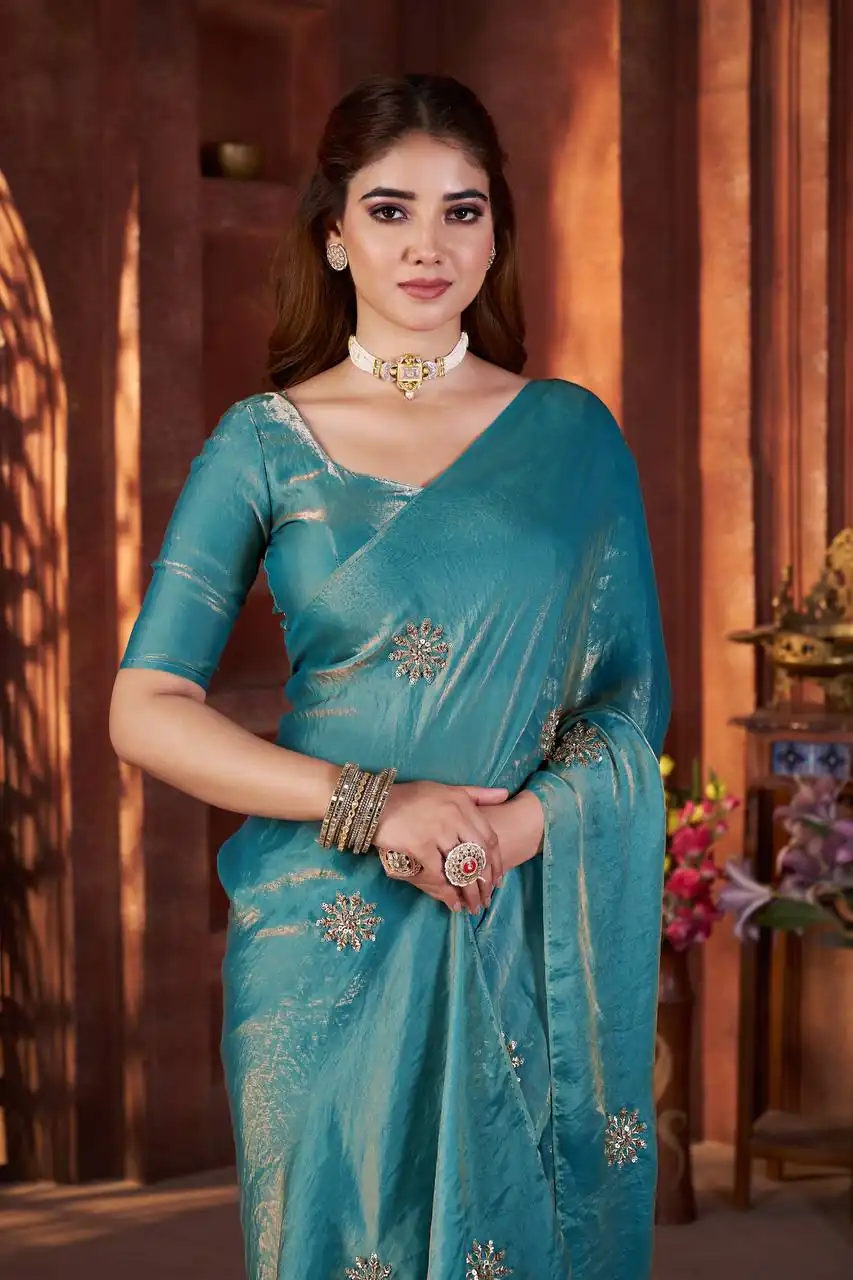 Blue Fandy Satin Silk Bead Work Saree | Sarees, Bollywood Sarees, Creative Sarees, Designer Sarees, Embroidered Sarees, Ethnic Saree, Modern Digital sarees, Party Wear Sarees