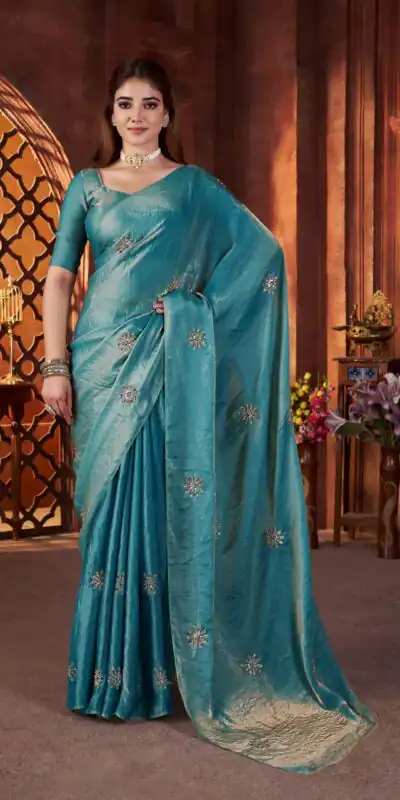 Blue Fandy Satin Silk Bead Work Saree | Sarees, Bollywood Sarees, Creative Sarees, Designer Sarees, Embroidered Sarees, Ethnic Saree, Modern Digital sarees, Party Wear Sarees