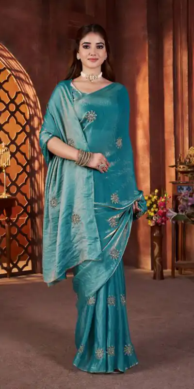 Blue Fandy Satin Silk Bead Work Saree | Sarees, Bollywood Sarees, Creative Sarees, Designer Sarees, Embroidered Sarees, Ethnic Saree, Modern Digital sarees, Party Wear Sarees