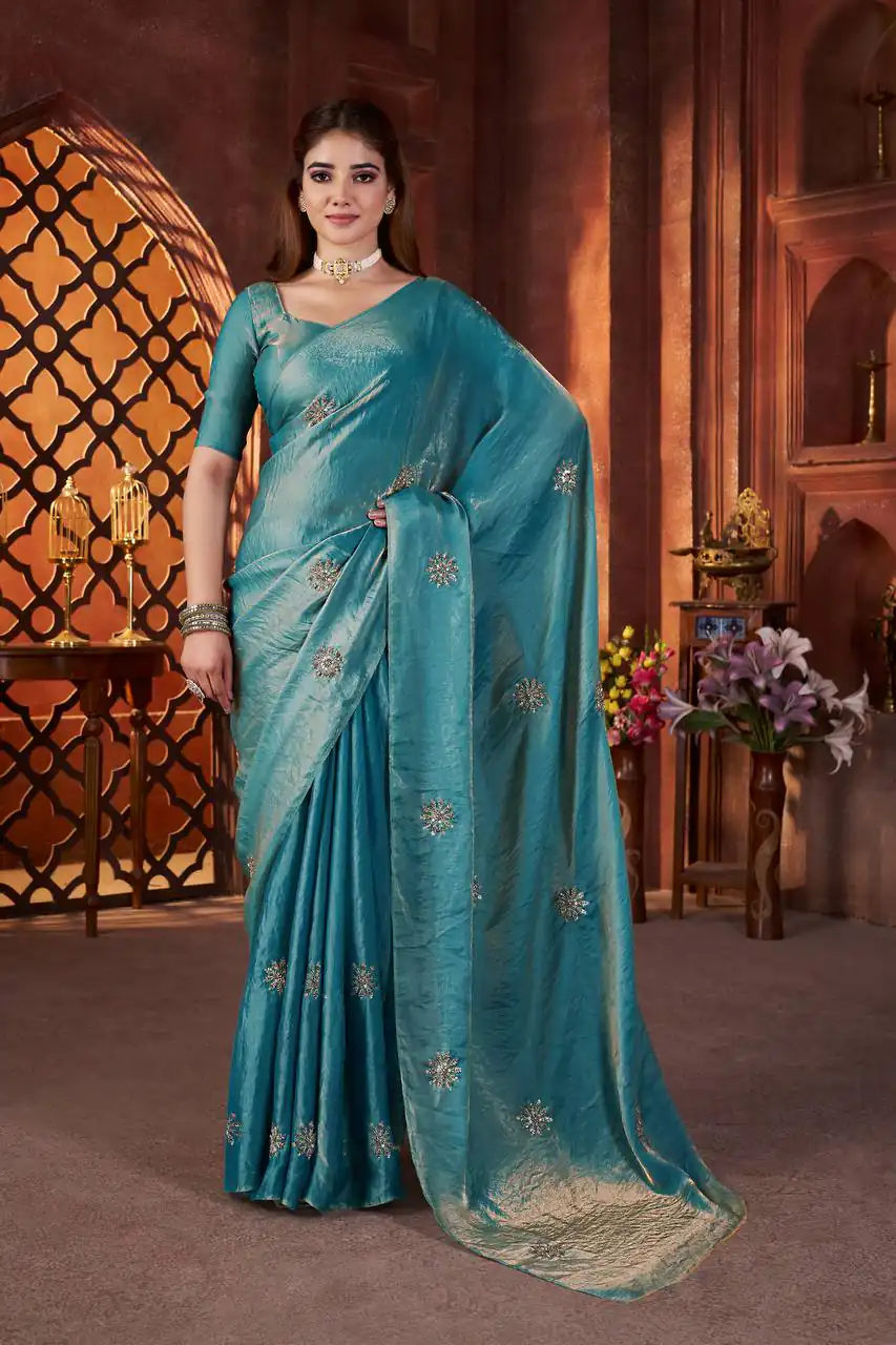 Blue Fandy Satin Silk Bead Work Saree | Sarees, Bollywood Sarees, Creative Sarees, Designer Sarees, Embroidered Sarees, Ethnic Saree, Modern Digital sarees, Party Wear Sarees