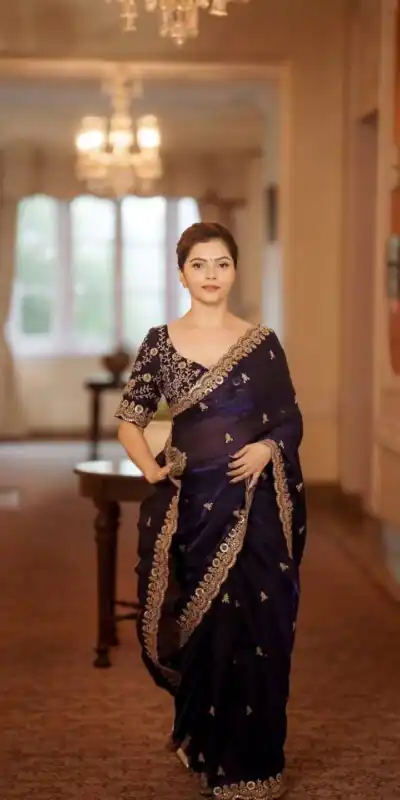 Blue Fandy Satin Silk Zari Work Saree | Sarees, Bollywood Sarees, Creative Sarees, Designer Sarees, Embroidered Sarees, Ethnic Saree, Modern Digital sarees, Party Wear Sarees