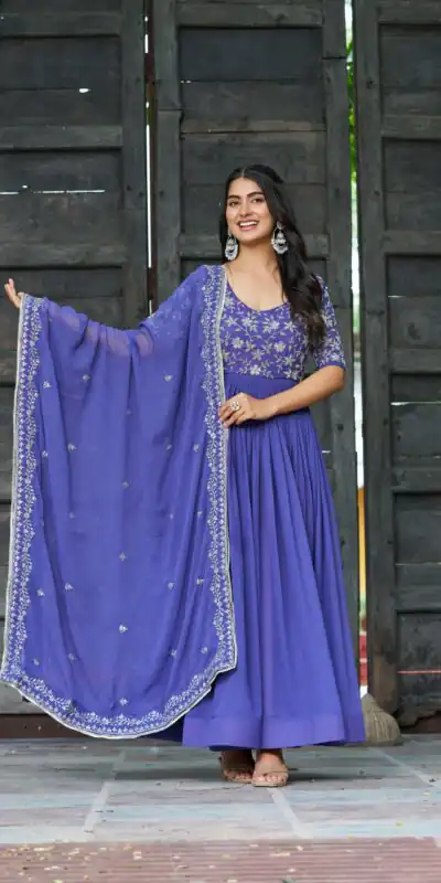 Blue Faux Blooming Sequins Work Gown | Gowns, Bollywood Gowns, Creative Gowns, Designer Gowns, Embroidered Gowns, Party Wear Gowns