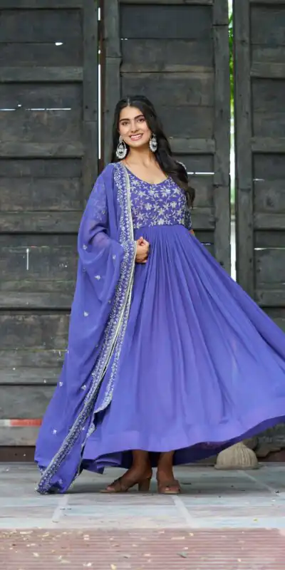 Blue Faux Blooming Sequins Work Gown | Gowns, Bollywood Gowns, Creative Gowns, Designer Gowns, Embroidered Gowns, Party Wear Gowns