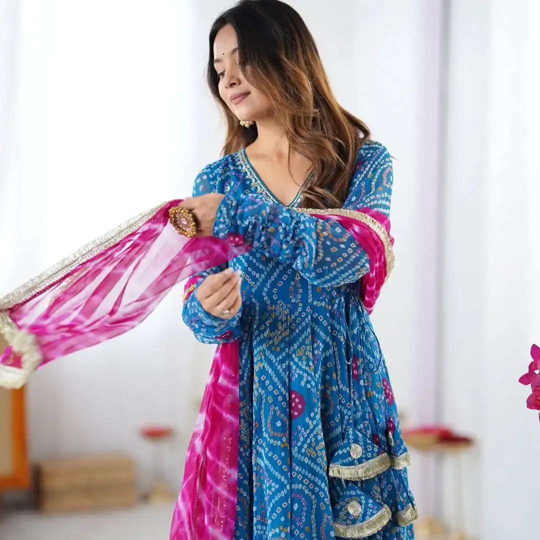 Blue Faux Georgette Digital Print Gown | Gowns, Bollywood Gowns, Creative Gowns, Designer Gowns, Embroidered Gowns, Party Wear Gowns