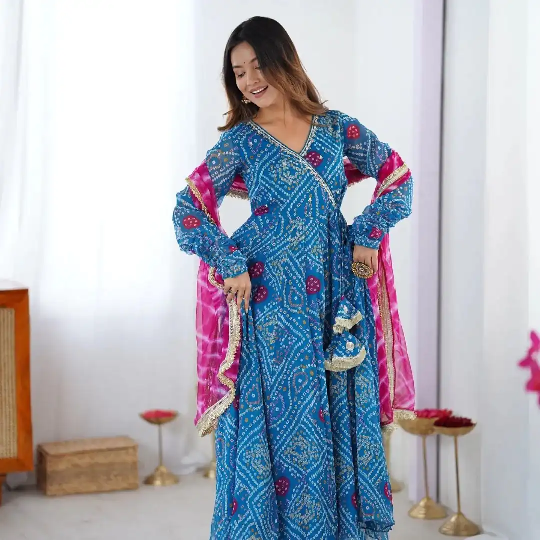 Blue Faux Georgette Digital Print Gown | Gowns, Bollywood Gowns, Creative Gowns, Designer Gowns, Embroidered Gowns, Party Wear Gowns