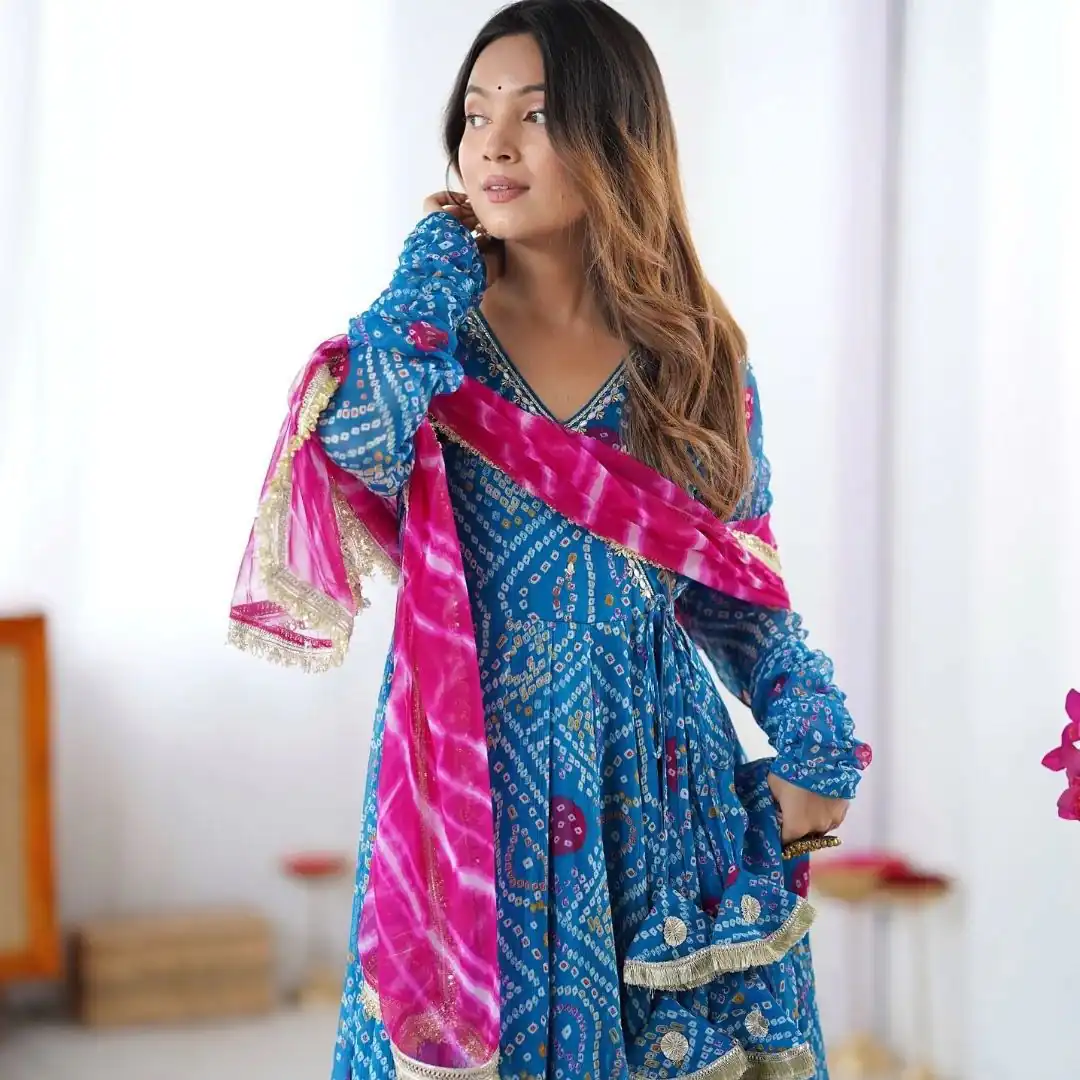 Blue Faux Georgette Digital Print Gown | Gowns, Bollywood Gowns, Creative Gowns, Designer Gowns, Embroidered Gowns, Party Wear Gowns