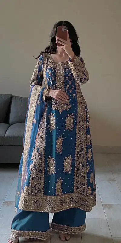 Blue Faux Sequence Pearl Work Georgette Salwar Suit | Jump Suits, Salwar suit, Casual Suits, Creative suits, Designer Suits, Palazzo Suits, Party Wear Suits, Patiala Suits, Straight Suits