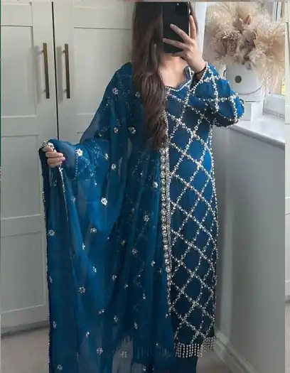Blue Georgette Embroidered Hand Work Salwar Suit | Jump Suits, Salwar suit, Casual Suits, Creative suits, Designer Suits, Palazzo Suits, Party Wear Suits, Patiala Suits, Straight Suits