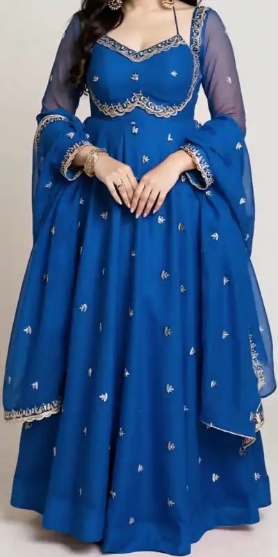 Blue Georgette Embroidery Work Gown | Gowns, Bollywood Gowns, Creative Gowns, Designer Gowns, Embroidered Gowns, Party Wear Gowns